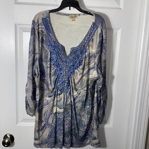 One World Women’s Top 3/4 Sleeve Lace V Neck Appliqué  Plus Size 2X Blouse